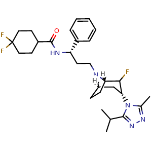 Chemical structure of 4,4-Difluoro-N-((S)-3-((1S,3R,5R)-3-(3-isopropyl-5-methyl-4H-1,2,4-triazol-4-yl)-8-aza-bicyclo[3.2.1]octan-8-yl)-1-phenylpropyl)cyclohexanecarboxamide , CAS 376348-65-1, AChemBlock M23381