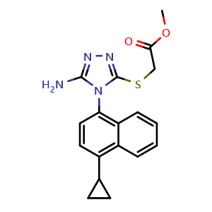 Chemical structure of Methyl 2-(5-amino-4-(4-cyclopropylnaphthalen-1-yl)-4H-1,2,4-triazol-3-ylthio)acetate , CAS 878671-98-8, AChemBlock M23386