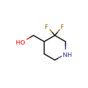 Chemical structure of (3,3Difluoropiperidin-4-yl)methanol hydrochloride , CAS 1258638-14-0, AChemBlock M23390