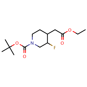 Chemical structure of tert-Butyl 4-(2-ethoxy-2-oxoethyl)-3-fluoropiperidine-1-carboxylate , CAS 317360-04-6, AChemBlock M23402