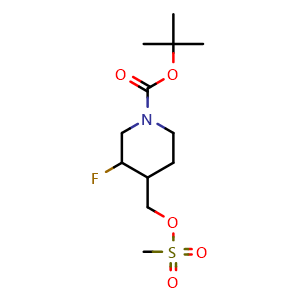 Chemical structure of tert-Butyl 3-fluoro-4-((methylsulfonyloxy)methyl)piperidine-1-carboxylate , CAS 882033-96-7, AChemBlock M23403