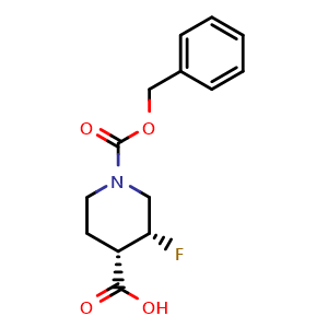 Chemical structure of (3,4)-cis-1-(benzyloxycarbonyl)-3-fluoropiperidine-4-carboxylic acid , CAS 1404196-53-7, AChemBlock M23406
