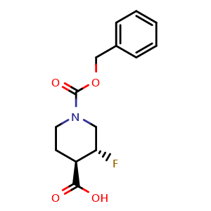Chemical structure of (3,4)-Trans-1-(benzyloxycarbonyl)-3-fluoropiperidine-4-carboxylic acid , CAS 1404196-36-6, AChemBlock M23409