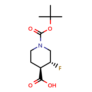 Chemical structure of (3,4)-Trans-1-(tert-butoxycarbonyl)-3-fluoropiperidine-4-carboxylic acid racemate , CAS 1903422-62-7, AChemBlock M23410