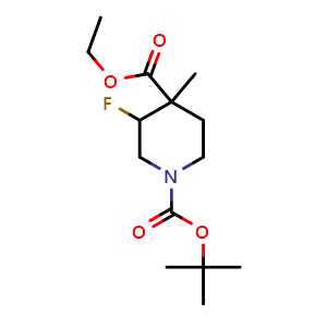 Chemical structure of 1-tert-Butyl 4-Ethyl 3-fluoro-4-methylpiperidine-1,4-dicarboxylate(isomer A) , CAS 1334416-25-9, AChemBlock M23417