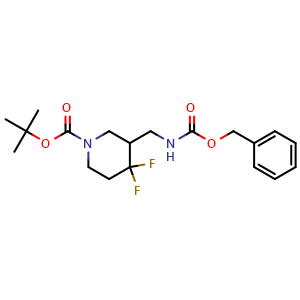 Chemical structure of tert-Butyl 3-((benzyloxycarbonylamino)methyl)-4,4-difluoropiperidine-1-carboxylate , CAS 1881321-39-6, AChemBlock M23429