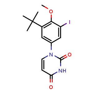 Chemical structure of 1-(3-tert-Butyl-5-iodo-4-methoxyphenyl)pyrimidine-2,4(1H,3H)-dione , CAS 1132940-53-4, AChemBlock M23467