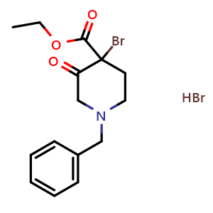 Chemical structure of Ethyl 1-Benzyl-4-bromo-3-oxopiperidine-4-carboxylate hydrobromide , CAS 1303972-94-2, AChemBlock M23482