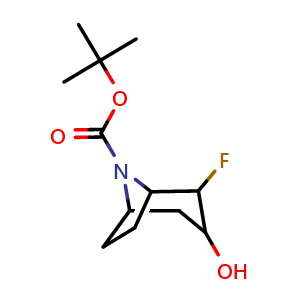 Chemical structure of 8-Boc-2-fluoro-8-aza-bicyclo[3.2.1]octan-3-ol , CAS 1404196-40-2, AChemBlock M23491