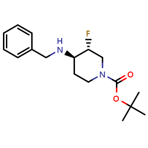 Chemical structure of tert-Butyl 3,4-trans-4-(benzylamino)-3-fluoropiperidine-1-carboxylate racemate , CAS 211108-52-0, AChemBlock M23504