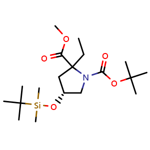 Chemical structure of (4R)-1-tert-Butyl 2-Methyl 4-(tert-butyldimethylsilyloxy)-2-ethylpyrrolidine-1,2-dicarboxylate , CAS 2098500-28-6, AChemBlock M23530