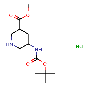 Chemical structure of Methyl 5-(tert-butoxycarbonylamino)piperidine-3-carboxylate hydrochloride , CAS 1881321-33-0, AChemBlock M23558