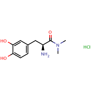Chemical structure of (S)-2-amino-3-(3,4-dihydroxyphenyl)-N,N-dimethylpropanamide hydrochloride , CAS 1246370-82-0, AChemBlock M23587