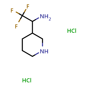 Chemical structure of 2,2,2-Trifluoro-1-(piperidin-3-yl)ethanamine dihydrochloride , CAS 1881331-20-9, AChemBlock M23596