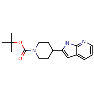 Chemical structure of tert-Butyl 4-(1H-pyrrolo[2,3-b]pyridin-2-yl)piperidine-1-carboxylate , CAS 1198283-79-2, AChemBlock M23636