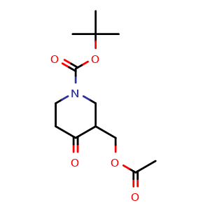 Chemical structure of tert-Butyl 3-(acetoxymethyl)-4-oxopiperidine-1-carboxylate , CAS 1404196-43-5, AChemBlock M23640