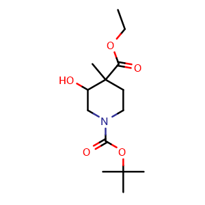 Chemical structure of 1-tert-Butyl 4-Ethyl 3-hydroxy-4-methylpiperidine-1,4-dicarboxylate , CAS 1823275-17-7, AChemBlock M23657