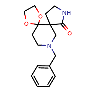 Chemical structure of 7-N-Benzyl-1-oxo-2,7-diaza-spiro[4.5]decan-10-one ethyleneKetal , CAS 1334414-46-8, AChemBlock M23661