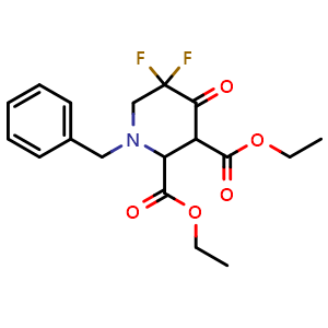 Chemical structure of Diethyl 1-benzyl-5,5-difluoro-4-oxopiperidine-2,3-dicarboxylate , CAS 1881288-08-9, AChemBlock M23664