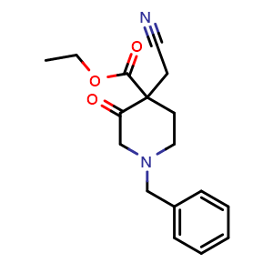 Chemical structure of Ethyl 1-benzyl-4-(cyanomethyl)-3-oxopiperidine-4-carboxylate , CAS 1548292-80-3, AChemBlock M23665