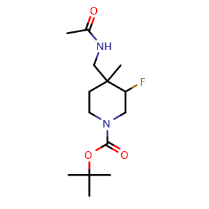 Chemical structure of tert-Butyl 4-(acetamidomethyl)-3-fluoro-4-methylpiperidine-1-carboxylate , CAS 1400764-45-5, AChemBlock M23682