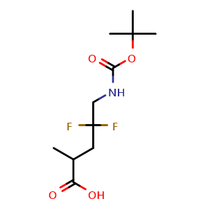 Chemical structure of 5-(Benzyl(tert-butoxycarbonyl)amino)-4,4-difluoro-2-methylpentanoic acid , CAS 1404196-60-6, AChemBlock M23700