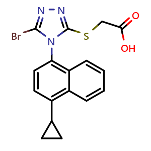 Chemical structure of 2-(5-Bromo-4-(4-cyclopropylnaphthalen-1-yl)-4H-1,2,4-triazol-3-ylthio)acetic acid(Lesinurad (RDEA594)) , CAS 878672-00-5, AChemBlock M23708