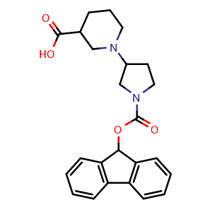 Chemical structure of 1-(1-(((9H-Fluoren-9-yl)methoxy)carbonyl)pyrrolidin-3-yl)piperidine-3-carboxylic acid , CAS 1313738-82-7, AChemBlock M23716