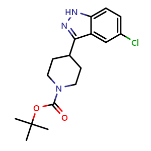 Chemical structure of tert-Butyl 4-(5-chloro-1H-indazol-3-yl)piperidine-1-carboxylate , CAS 1198284-74-0, AChemBlock M23725