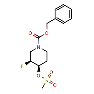 Chemical structure of Benzyl Cis-3-fluoro-4-((methylsulfonyl)oxy)piperidine-1-carboxylate racemate , CAS 913574-97-7, AChemBlock M23764
