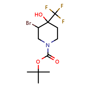 Chemical structure of tert-Butyl 3-bromo-4-hydroxy-4-(trifluoromethyl)piperidine-1-carboxylate , CAS 2101206-52-2, AChemBlock M23780