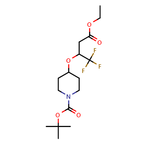 Chemical structure of tert-Butyl 4-(4-ethoxy-1,1,1-trifluoro-4-oxobutan-2-yloxy)piperidine-1-carboxylate , CAS 1864074-89-4, AChemBlock M23782