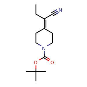 Chemical structure of tert-Butyl 4-(1-cyanopropylidene)piperidine-1-carboxylate , CAS 1198283-75-8, AChemBlock M23798