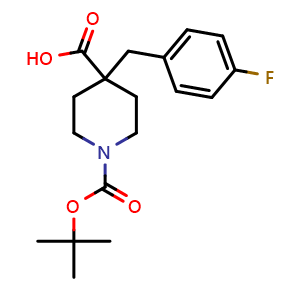 Chemical structure of 1-(tert-Butoxycarbonyl)-4-(4-fluorobenzyl)piperidine-4-carboxylic acid , CAS 906329-50-8, AChemBlock M23844