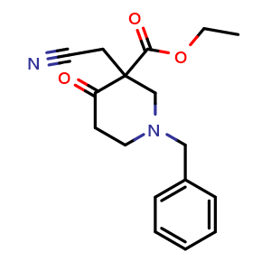 Chemical structure of Ethyl 1-benzyl-3-(cyanomethyl)-4-oxopiperidine-3-carboxylate , CAS 1334414-48-0, AChemBlock M23900