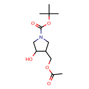 Chemical structure of tert-Butyl 3-(acetoxymethyl)-4-hydroxypyrrolidine-1-carboxylate , CAS 1824488-86-9, AChemBlock M23906