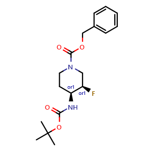 Chemical structure of Benzyl Cis-4-((tert-butoxycarbonyl)amino)-3-fluoropiperidine-1-carboxylate racemate , CAS 1932010-74-6, AChemBlock M23937