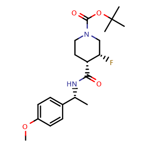 Chemical structure of (3R,4S)-tert-Butyl 3-fluoro-4-((R)-1-(4-methoxyphenyl)ethylcarbamoyl)piperidine-1-carboxylate , CAS 1980007-54-2, AChemBlock M23955