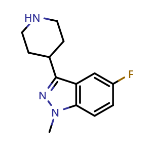 Chemical structure of 5-Fluoro-1-methyl-3-(4-piperidinyl)-1h-indazole , CAS 742075-92-9, AChemBlock M23956