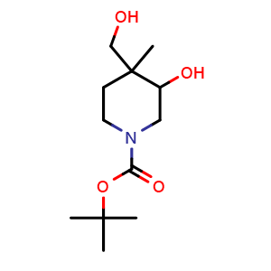 Chemical structure of tert-Butyl 3-hydroxy-4-(hydroxymethyl)-4-methylpiperidine-1-carboxylate , CAS 1823389-58-7, AChemBlock M23979