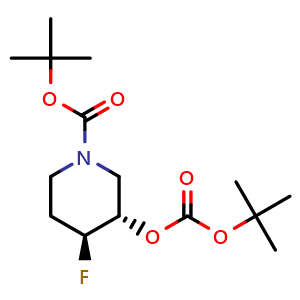 Chemical structure of tert-Butyl trans-3-((tert-butoxycarbonyl)oxy)-4-fluoropiperidine-1-carboxylate racemate , CAS 2101206-65-7, AChemBlock M23982