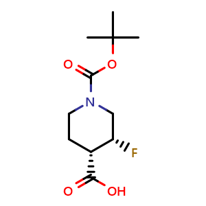 Chemical structure of (3R,4S)-1-(tert-Butoxycarbonyl)-3-fluoropiperidine-4-carboxylic acid , CAS 1932149-31-9, AChemBlock M23986