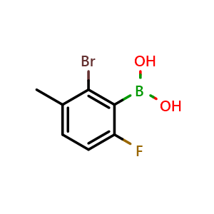 Chemical structure of 2-Bromo-6-fluoro-3-methylphenylboronic acid , CAS 957121-09-4, AChemBlock N24166