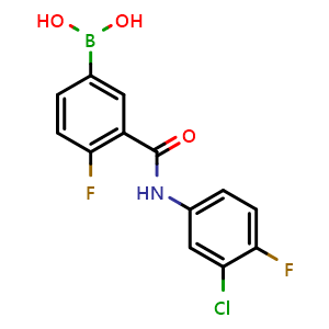 Chemical structure of 3-(3-chloro-4-fluorophenylcarbamoyl)-4-fluorophenylboronic acid , CAS 1451393-29-5, AChemBlock N24274