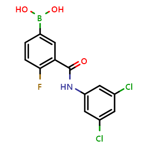 Chemical structure of 3-(3,5-dichlorophenylcarbamoyl)-4-fluorophenylboronic acid , CAS 1451393-28-4, AChemBlock N24276