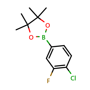 Chemical structure of 2-(4-chloro-3-fluorophenyl)-4,4,5,5-tetramethyl-1,3,2-dioxaborolane , CAS 627525-83-1, AChemBlock N24277