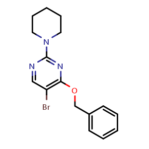 Chemical structure of 4-Benzyloxy-5-bromo-2-(piperidin-1-yl)-pyrimidine , CAS 885952-22-7, AChemBlock N24352