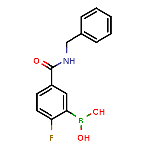 Chemical structure of 5-(Benzylcarbamoyl)-2-fluorophenylboronic acid , CAS 874289-53-9, AChemBlock N24717