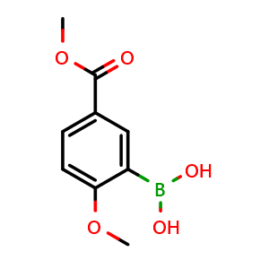 Chemical structure of 2-Methoxy-5-methoxycarbonylphenylboronic acid , CAS 221006-63-9, AChemBlock N24722