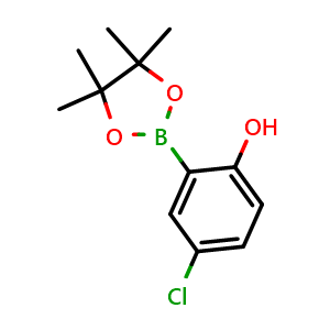 Chemical structure of 4-Chloro-2-(4,4,5,5-tetramethyl-1,3,2-dioxaborolan-2-yl)phenol , CAS 779331-28-1, AChemBlock N24737